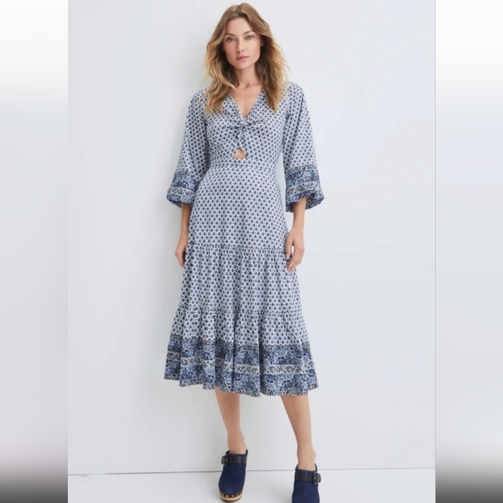 NWT Veronica Beard Women's Blue Tiered Cutout Stretch Cotton Dress